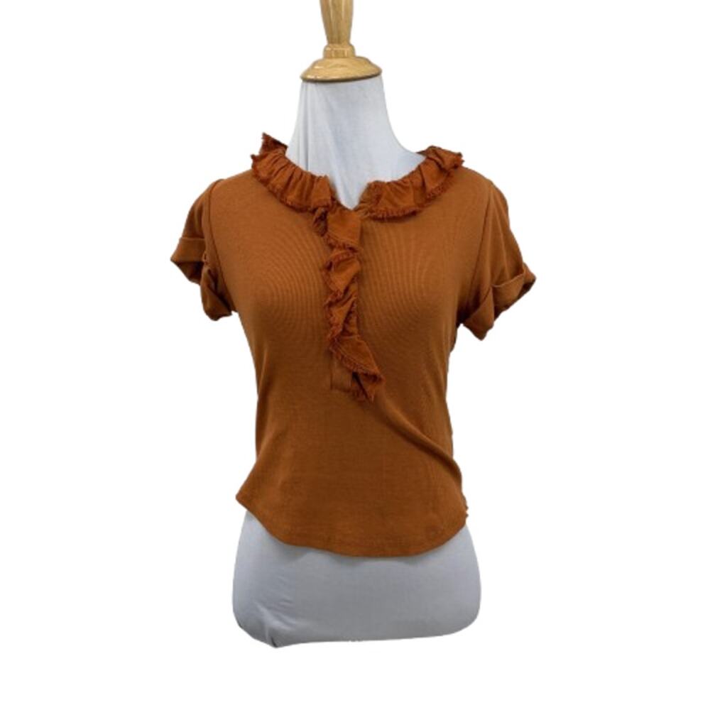 Pilcro Top Womens SP Small Petite Spice Ribbed Ruffled Raw Trims Cropped Shirt